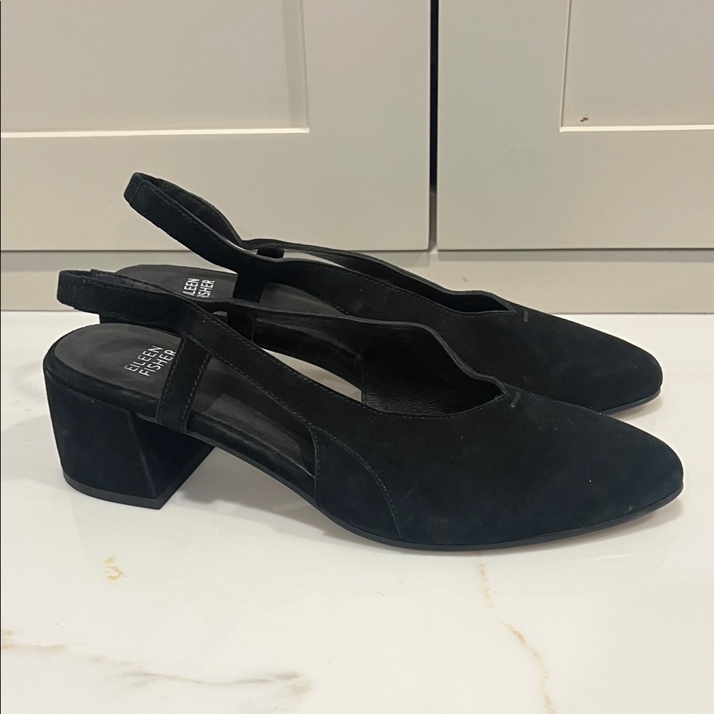 Eileen Fisher Black Suede Slingback Block Heels